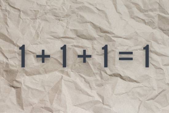 Crumpled paper with 1+1+1=1 written on it An equation, “1 + 1 + 1 = 1,” represents the Trinity: 3 in 1.