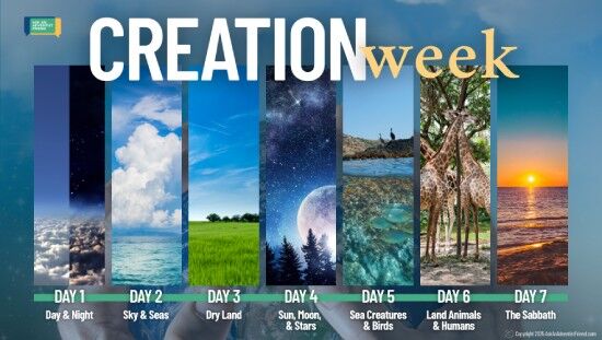 A picture of each day of the Creation week, concluding with the Sabbath on day 7
