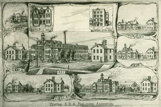 SDA Publishing Association Buildings A lithograph print of the buildings that made up the SDA Publishing Association