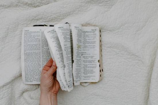 Person Leafing through the Pages of a Bible Someone sits on a bed and flips through the Bible.