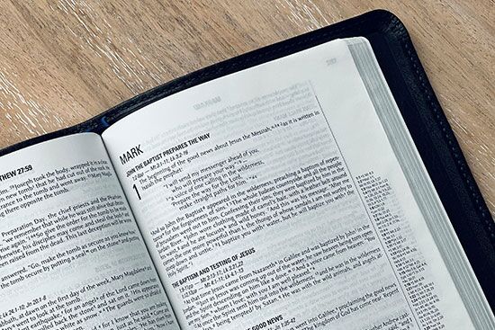 A Bible open to the Gospel of Mark