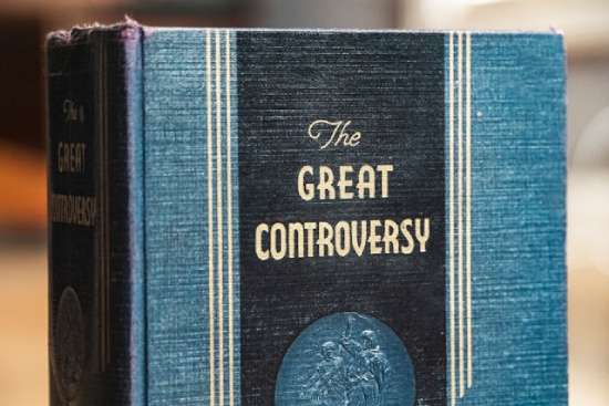 The cover of The Great Controversy, a book by Ellen G. White An old hardcover copy of The Great Controversy, one of Ellen White's most famous books.