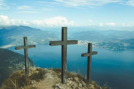 Three Crosses Three crosses on a hill, representing Jesus' sacrifice, the only thing that can save us