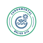 An icon of a person in water and below a cross, representing what Fundamental Belief #15 teaches about baptism.