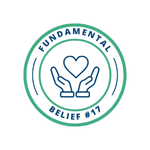 An icon of hands holding up a heart to represent spiritual gifts and Fundamental Belief #17.