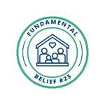 An icon of a family in a household with a heart above them to represent what Fundamental Belief #23 teaches about marriage and family.