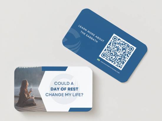 The front and back of an Ask An Adventist Friend card are shown; the front shows the question 