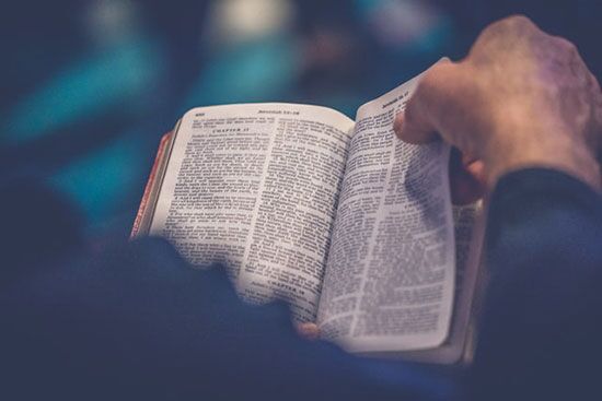 A man reading the truth in the bible. A person leafs through the pages of a Bible