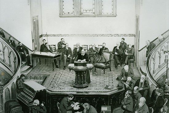 General Conference 1901 Ellen White A photo of Ellen White speaking at a podium at the 1901 General Conference session.