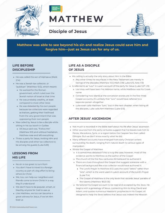 Matthew Downloadable Resource A list of quick facts about the apostle Matthew