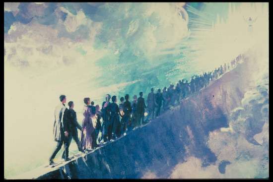 Advent People Travelling to Holy City A painting of Ellen White's vision of believers walking on a narrow path to Christ.