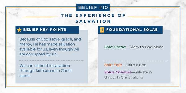 Adventist belief in the experience of salvation Chart explaining how the Adventist belief in the experience of salvation relates to Protestant principles.