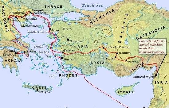 Map Pauls 3rd Journey A map depicts Paul's second missionary journey.