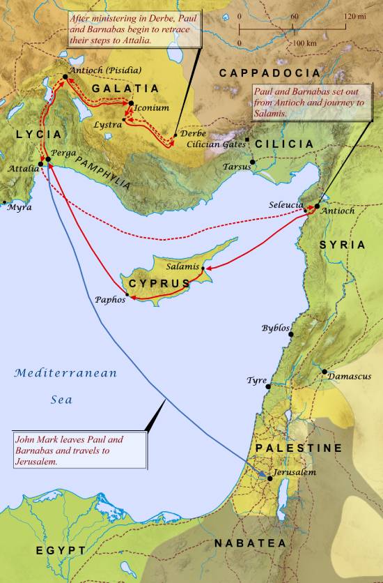 A map showing the route of Paul's first missionary journey A map of the ancient Roman world depicts Paul's missionary journeys.