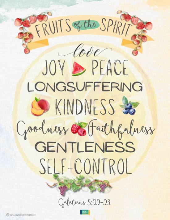 Fruit of the Spirit infographic An infographic with fruit designs and the complete verses of Galatians 5:22-23 written out shows the many fruits of the Spirit mentioned in the the Bible.