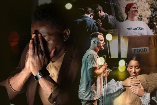 A collage depicting various scenes of Christians praying, hugging, volunteering, and singing worship songs