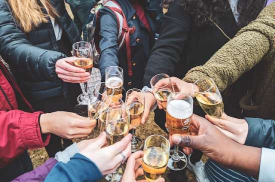 A group of people having a toast with their glasses of alcohol