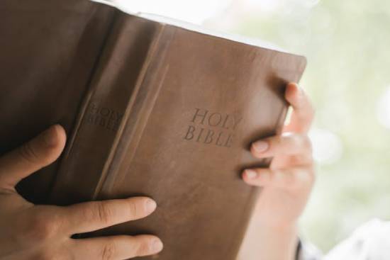 A person holding an open Bible to study the genealogy of Jesus.