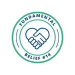 An icon of hands coming together in the shape of a heart to represent unity among believers and Fundamental Belief #14.