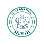 An icon of a hand holding a coin, a gear, and the earth to represent what Fundamental Belief #21 says about stewardship.
