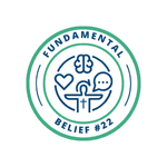 An icon of a heart, brain, and speech bubble revolving around a person to represent what Fundamental Belief #22 teaches about Christian behavior.