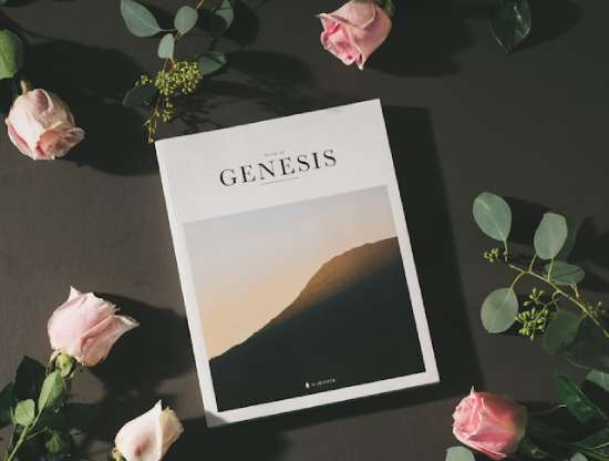 The Book of Genesis A copy of the book of Genesis surrounded by roses.
