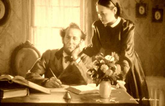James and Ellen White James White writes at his desk as Ellen White stands by his side.