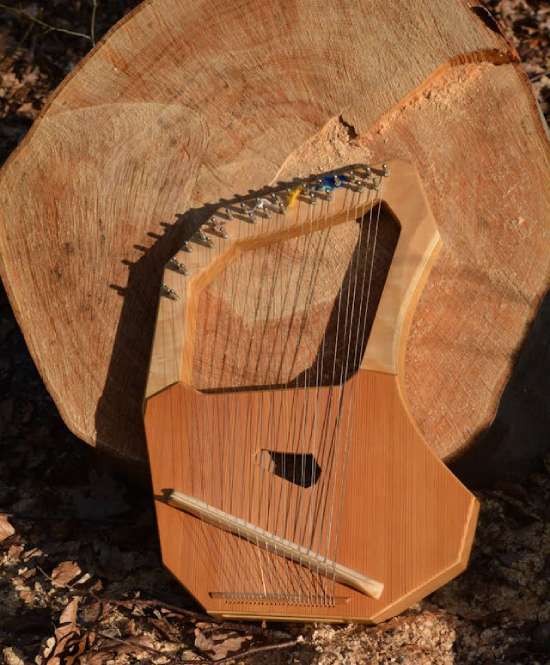 Wooden harp A wooden harp leaning against a tree trunk.