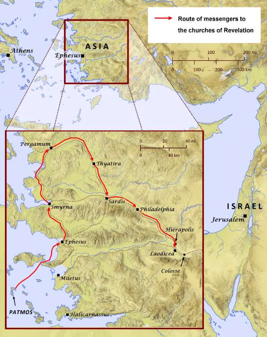 A map of Asia showing where the churches of Revelation are located