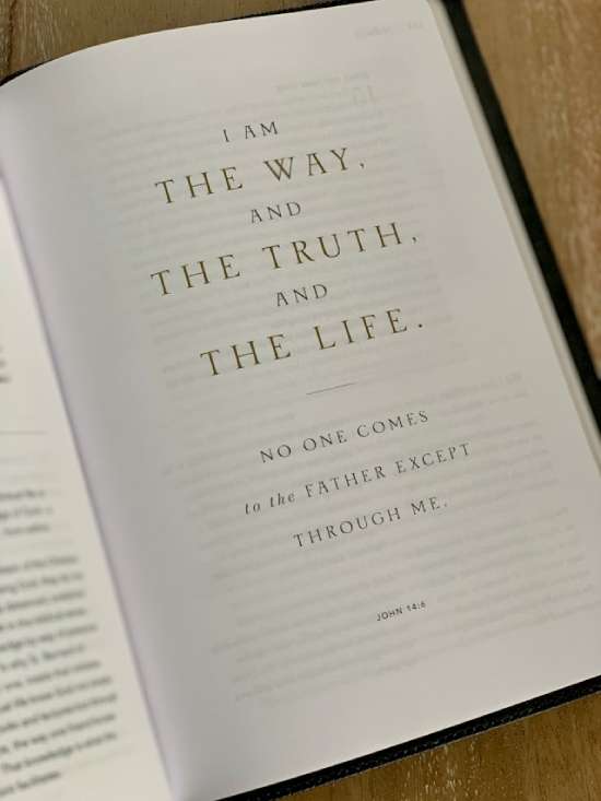 Open Bible Jesus is the Way A page of the Bible reading, 'I am the way, and the truth, and the life. No one comes to the Father except through me.' (John 14:6).