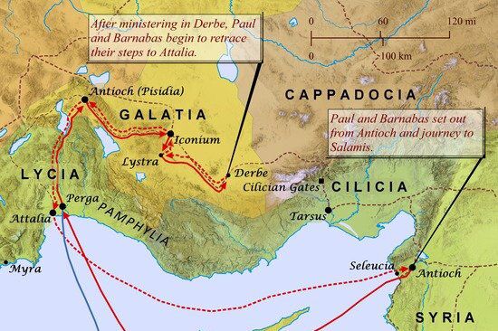 Map Pauls 1st Journey An illustrated map traces Paul and Barnabas's journey to Salamis, their journey to Attalia, and Mark's journey to Jerusalem.