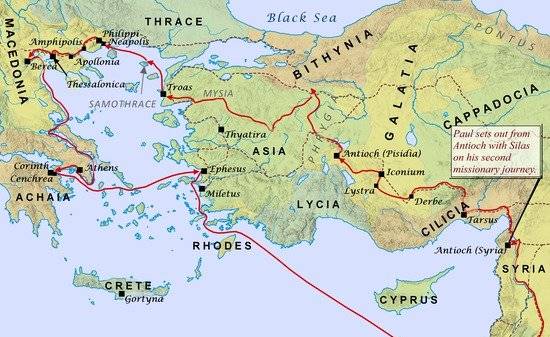 Map Pauls 2nd Journey A map depicts Paul's second missionary journey.