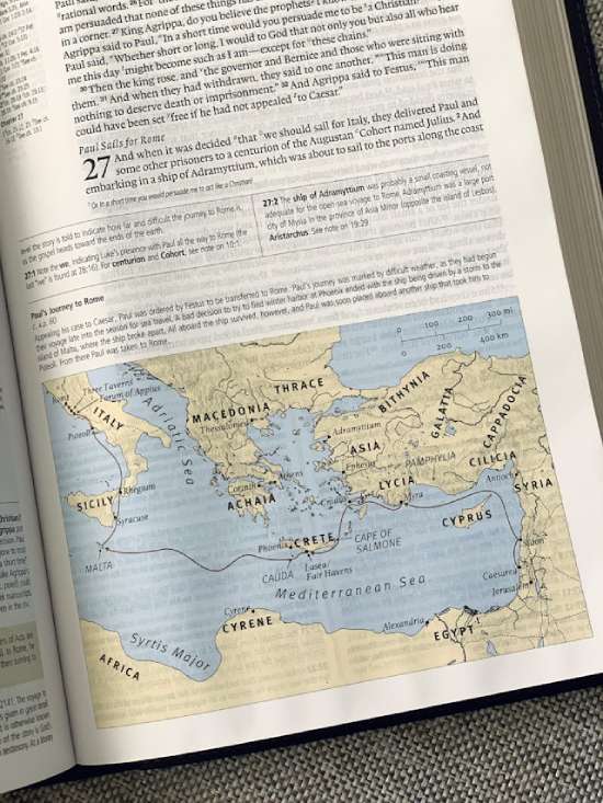 Map of Paul's Missionary Journeys A study Bible open to a map of Paul's journey to Rome