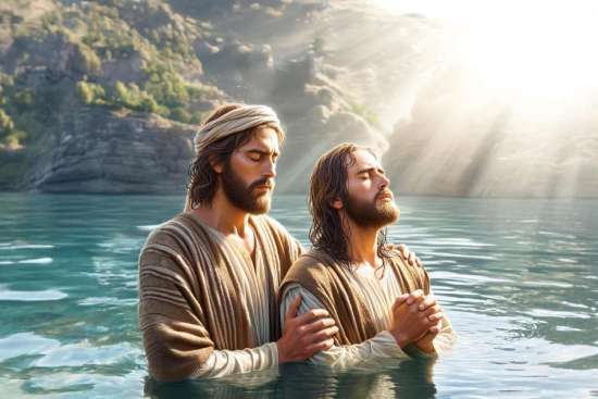 John the Baptist preparing to baptize Jesus as Jesus prays