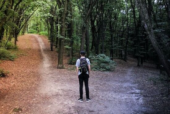 A man in a forest standing at the crossroads of two paths, similar to the decision of whether to follow God or not