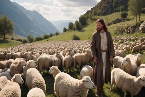 Jesus holding a shepherd's staff in one hand and reaching out with the other hand