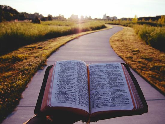 Walking with Bible An open Bible showing path towards light as we learn how Ellen White commended the Bible in 1909 General Conference session
