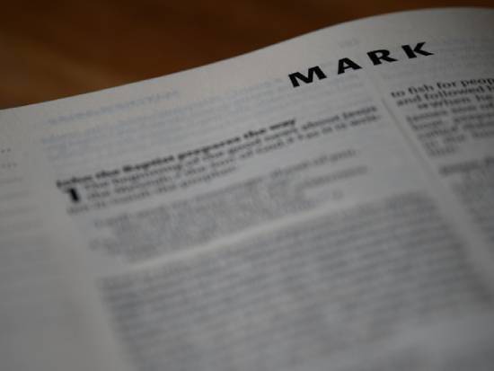 Close-up of the first page of the book of Mark