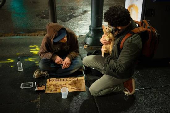 Man with a kitten showing kindness to a homeless man on the street A man stoops by the curb to help a homeless person.
