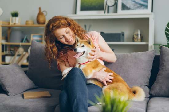 Kind woman holding dog A kind woman holding her dog on a couch petting it