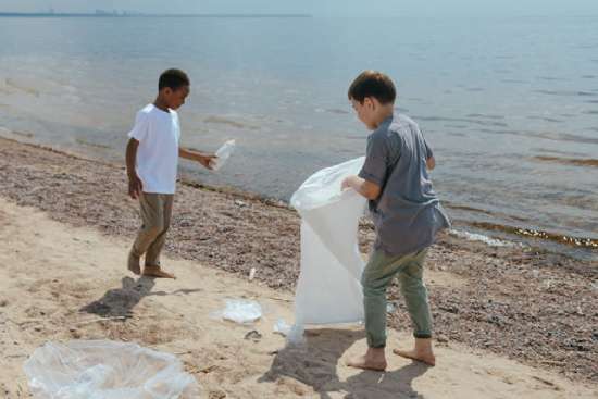 Two Boys Picking up Garbage at the Beach Two boys picking up litter at a beach, which is showing stewardship for our earth