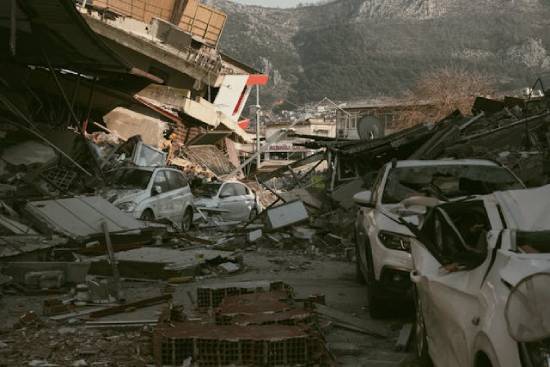 Smashed Cars and Buildings in Ruins after an Earthquake Crushed cars and building after an earthquake represent the natural disasters leading up to Jesus' returns.