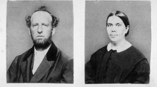 Two black and white portraits sit side-by-side, one of James White and the other of Ellen G. White.
