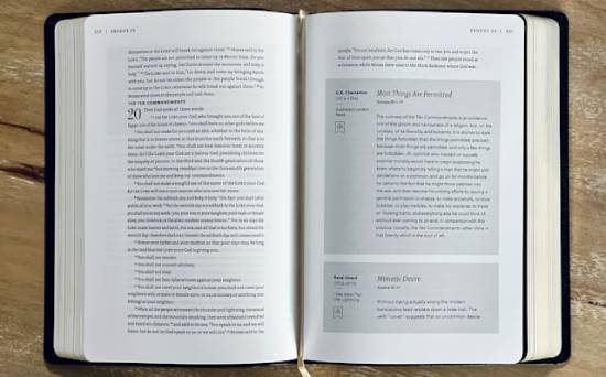 A Bible opened to the account of God giving the Israelites the Ten Commandments