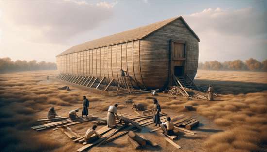 Noahs Ark AI Image People building Noah's ark, an example of a small group who remained loyal to God
