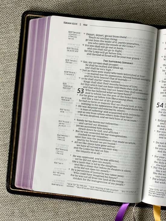 Bible Isaiah prophecies about Jesus' ministry An open Bible is turned to Isaiah 53, a passage that predicted Jesus' suffering on the cross.