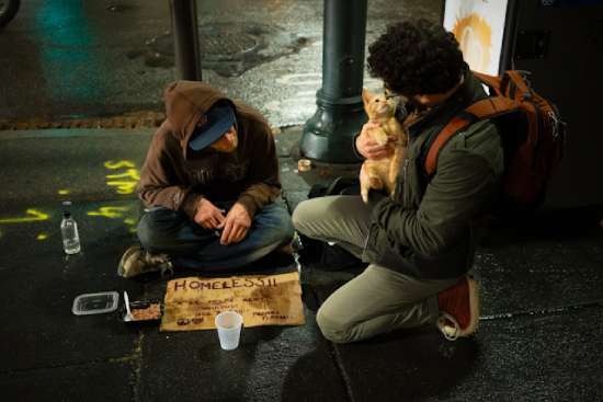 Man helping the homeless like Jesus would A man bending down, talking to a homeless person on the ground, and holding his cat, just like Jesus would